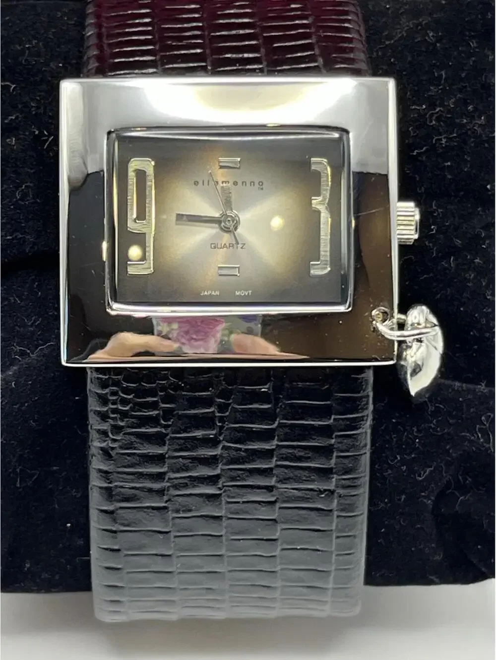 ellemenno watch womens black band silvercase with small heart charm working NWOT